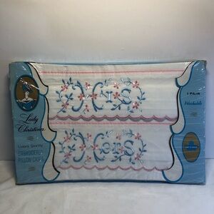 Vintage Lady Christina Pink Embroidered Pillow Cases His Hers New Old Stock